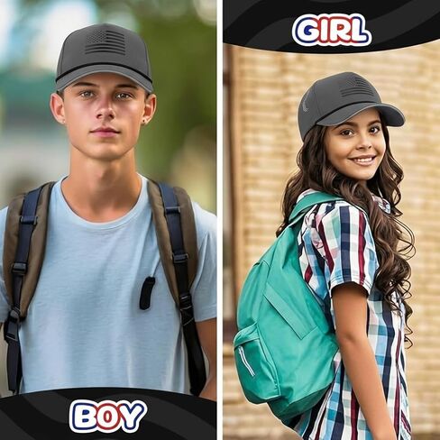 Kids Youth American Flag Trucker Hat - Mesh Back Waterproof Quick Dry Snapback Hats with Reflective Trim (Ages 5-15) in Kuwait