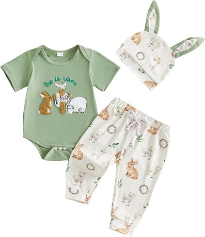 Muasaaluxi Newborn Baby Boy Easter Outfit My First Easter Romper Bunny Onesie Long Pants Headband Summer Outfits 0-18M in Kuwait