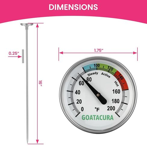 Compost Soil Thermometer, 304 Stainless Steel Case and Probe,1.75" Dial Size, 16" Stem Length, 0-200 Deg F, 3 Temperature Zones in Kuwait