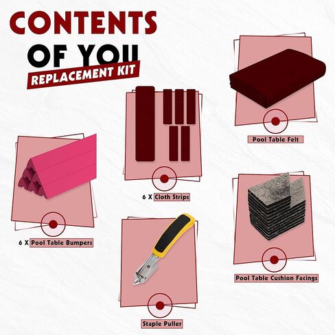 طقم لباد ومصد لطاولة البلياردو بطول 8 أقدام لقماش البلياردو مع مصدات ووسائد لطاولة البلياردو، 6 قطع من شرائط القماش ومزيل الدبابيس - عنابي in Kuwait