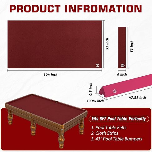 طقم لباد ومصد لطاولة البلياردو بطول 8 أقدام لقماش البلياردو مع مصدات ووسائد لطاولة البلياردو، 6 قطع من شرائط القماش ومزيل الدبابيس - عنابي in Kuwait