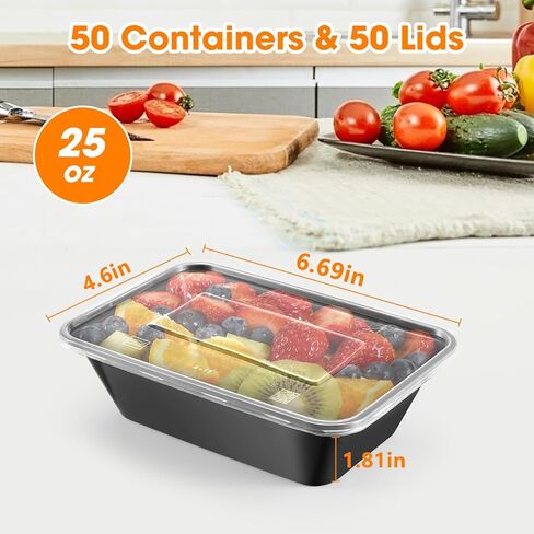 50 عبوة (100 قطعة) حاويات تحضير الوجبات بوزن 25 أونصة، قابلة لإعادة الاستخدام، سهلة الفتح بغطاء، آمنة للطعام، مناسبة لأفران الميكروويف والثلاجات وغسالات الأطباق، وصواني تخزين الطعام البلاستيكية in Kuwait