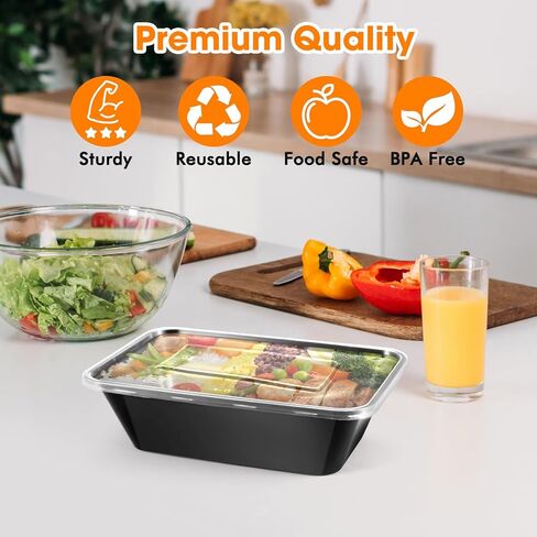 50 عبوة (100 قطعة) حاويات تحضير الوجبات بوزن 25 أونصة، قابلة لإعادة الاستخدام، سهلة الفتح بغطاء، آمنة للطعام، مناسبة لأفران الميكروويف والثلاجات وغسالات الأطباق، وصواني تخزين الطعام البلاستيكية in Kuwait