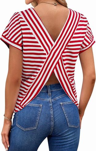 LilyCoco Womens Striped Open Back Tops Criss Cross Back Batwing Sleeve T Shirt in Kuwait