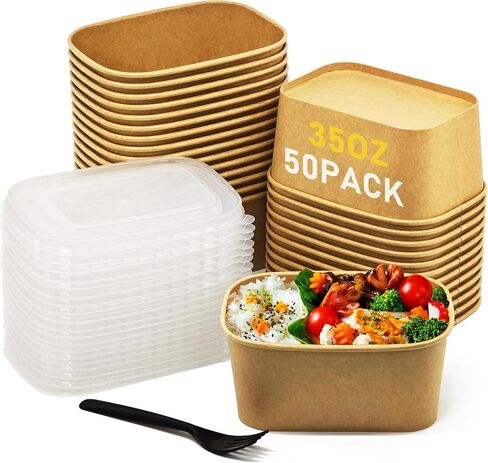 25OZ Paper Food Containers【with Lids & Forks】Disposable Meal Prep Containers 50 Pack Rectangle Take Out Box for Salad, Hot/Cold Food, Treat Serving Bowls for To Go Food, Office Lunch, Picnic, Party in Saudi Arabia