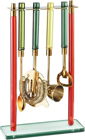 5-Piece Gold Bartender Kit with Stand. Stainless Steel Bar Tool Set, Colorful Handles. Includes Jigger, Strainer, Spoon, Bottle Opener Luxury Home Bar Cart Accessories, Cocktail Decor & Mixer Gift Set in Saudi Arabia