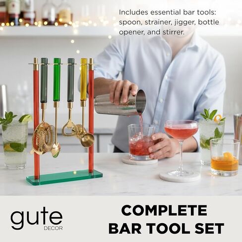 5-Piece Gold Bartender Kit with Stand. Stainless Steel Bar Tool Set, Colorful Handles. Includes Jigger, Strainer, Spoon, Bottle Opener Luxury Home Bar Cart Accessories, Cocktail Decor & Mixer Gift Set in Saudi Arabia