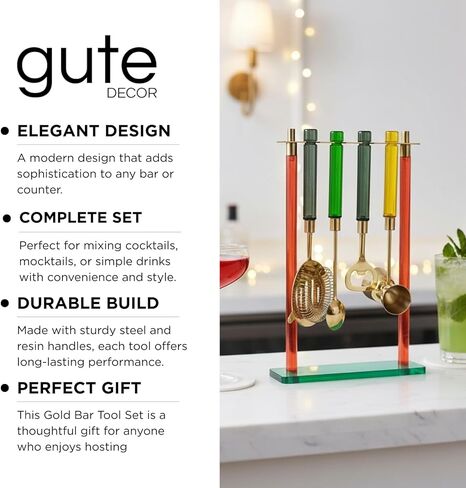 5-Piece Gold Bartender Kit with Stand. Stainless Steel Bar Tool Set, Colorful Handles. Includes Jigger, Strainer, Spoon, Bottle Opener Luxury Home Bar Cart Accessories, Cocktail Decor & Mixer Gift Set in Saudi Arabia