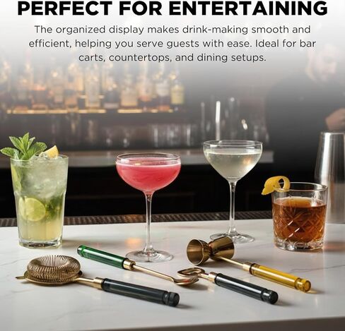 5-Piece Gold Bartender Kit with Stand. Stainless Steel Bar Tool Set, Colorful Handles. Includes Jigger, Strainer, Spoon, Bottle Opener Luxury Home Bar Cart Accessories, Cocktail Decor & Mixer Gift Set in Saudi Arabia
