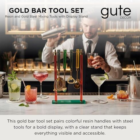 5-Piece Gold Bartender Kit with Stand. Stainless Steel Bar Tool Set, Colorful Handles. Includes Jigger, Strainer, Spoon, Bottle Opener Luxury Home Bar Cart Accessories, Cocktail Decor & Mixer Gift Set in Saudi Arabia