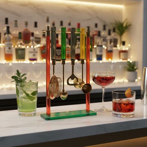 5-Piece Gold Bartender Kit with Stand. Stainless Steel Bar Tool Set, Colorful Handles. Includes Jigger, Strainer, Spoon, Bottle Opener Luxury Home Bar Cart Accessories, Cocktail Decor & Mixer Gift Set in Saudi Arabia