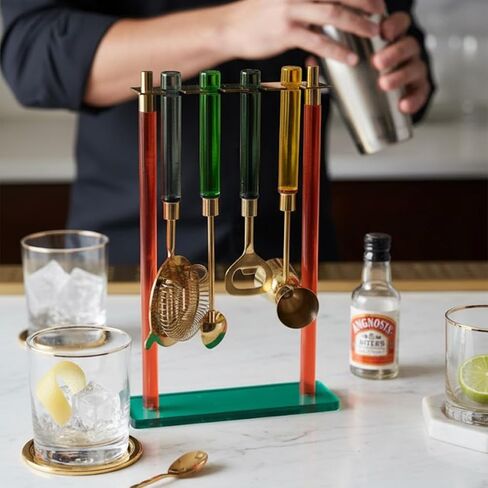 5-Piece Gold Bartender Kit with Stand. Stainless Steel Bar Tool Set, Colorful Handles. Includes Jigger, Strainer, Spoon, Bottle Opener Luxury Home Bar Cart Accessories, Cocktail Decor & Mixer Gift Set in Saudi Arabia