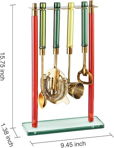 5-Piece Gold Bartender Kit with Stand. Stainless Steel Bar Tool Set, Colorful Handles. Includes Jigger, Strainer, Spoon, Bottle Opener Luxury Home Bar Cart Accessories, Cocktail Decor & Mixer Gift Set in Saudi Arabia