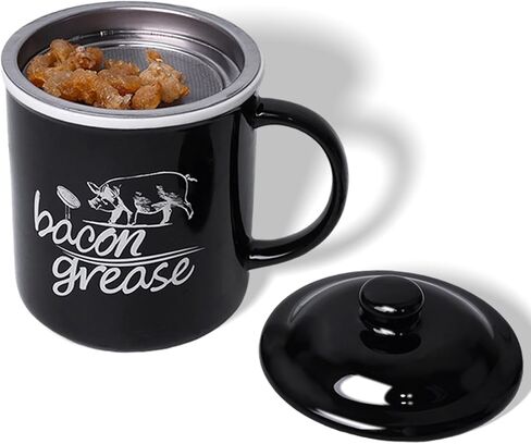 حاوية شحم لحم الخنزير المقدد السيراميكية مع مصفاة، علبة تخزين زيت الطبخ سعة 25 أونصة حافظة شحم للمطبخ، حافظة شحم لحم الخنزير المقدد في المزرعة بمقبض (أسود) in Kuwait