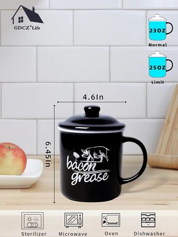 حاوية شحم لحم الخنزير المقدد السيراميكية مع مصفاة، علبة تخزين زيت الطبخ سعة 25 أونصة حافظة شحم للمطبخ، حافظة شحم لحم الخنزير المقدد في المزرعة بمقبض (أسود) in Kuwait