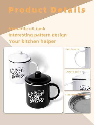 حاوية شحم لحم الخنزير المقدد السيراميكية مع مصفاة، علبة تخزين زيت الطبخ سعة 25 أونصة حافظة شحم للمطبخ، حافظة شحم لحم الخنزير المقدد في المزرعة بمقبض (أسود) in Kuwait