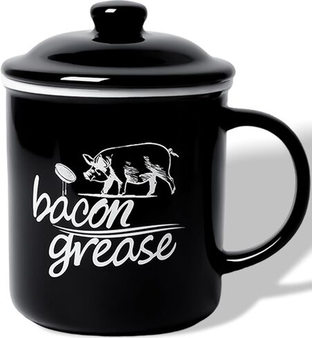 حاوية شحم لحم الخنزير المقدد السيراميكية مع مصفاة، علبة تخزين زيت الطبخ سعة 25 أونصة حافظة شحم للمطبخ، حافظة شحم لحم الخنزير المقدد في المزرعة بمقبض (أسود) in Kuwait