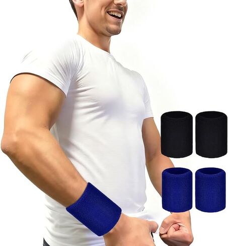 4 Pack Wrist Sweatbands, Perfect for Basketball, Football, Tennis, Soccer, Running and Work Out, Sports Wristbands for Men & Women(Black, Blue) in Saudi Arabia