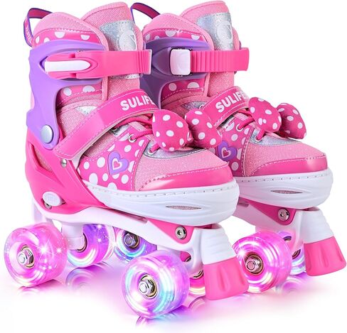 SULIFEEL Roller Skates for Girls Ages 3-12, 4 Sizes Adjustable Kids Quad Skates with Light up Wheels-Birthday Gift for Indoor Outdoor Sports in Kuwait
