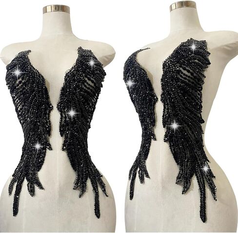 Pure Handmade Rhinestones lace Applique sew on Beads Sequins Trim Patches Accessories for Girl Dress Clothing 1 Pair/Set 5.5X20.8inches (Champagne) in Kuwait