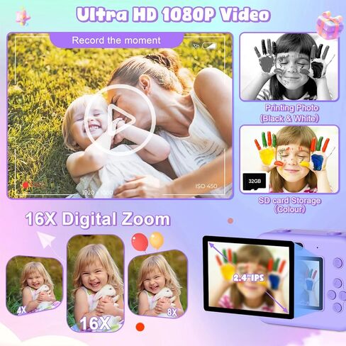 GKTZ Kids Camera Instant Print - Christmas Birthday Gifts for Boys and Girls, Dual Camera Photo 1080P HD Video, Toddler Digital Camera with 3 Print Paper, Portable Toys for Kids 3-12 in Kuwait
