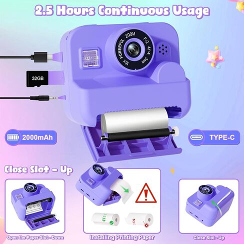 GKTZ Kids Camera Instant Print - Christmas Birthday Gifts for Boys and Girls, Dual Camera Photo 1080P HD Video, Toddler Digital Camera with 3 Print Paper, Portable Toys for Kids 3-12 in Kuwait
