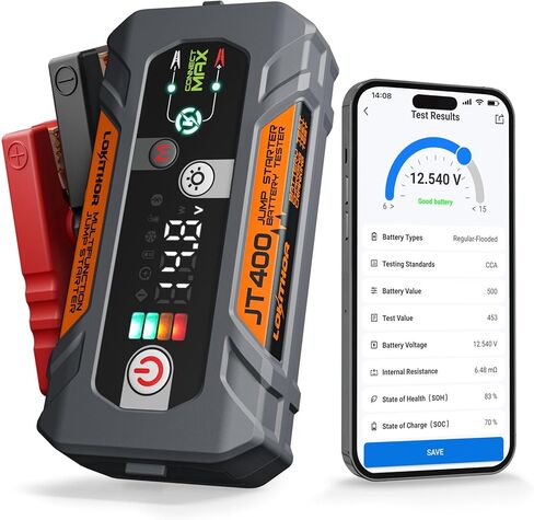 JT400 Jump Starter and Battery Tester, 2500A 12V Car Jumper Starter Portable (8.5L Gas/6.5L Diesel Engines), 100-2000 CCA Bluetooth Car Battery Tester Alternator Tester, Smart Digital Screen in Kuwait