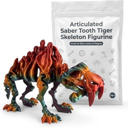 Articulated Saber Tooth Tiger Skeleton Figurine – Posable Smilodon Collectible Fossil Replica for Desk or Shelf Display – 3D Printed in Canada in Saudi Arabia