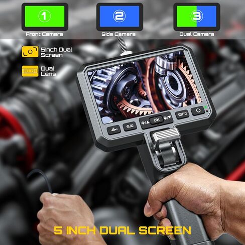 DXZtoz منظار مفصلي ثنائي العدسات مع ضوء، كاميرا فحص منظار صناعي مفصلية رفيعة 6.5 مم، نطاق محرك عالي الدقة بشاشة مزدوجة 5 بوصة لميكانيكي السيارات بالطائرات - 5FT in Kuwait