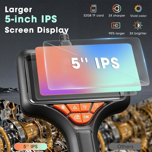 Triple Lens Endoscope Camera with Light- 5" 1080P HD Handheld Borescope with 50FT Semi-Rigid Cable, Waterproof Sewer Inspection Camera with 32GB Card, Drain Plumbing Camera & Gifts for Men in Kuwait