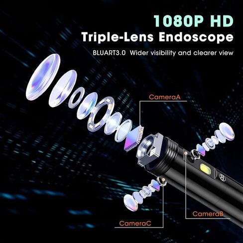 Triple Lens Endoscope Camera with Light- 5" 1080P HD Handheld Borescope with 50FT Semi-Rigid Cable, Waterproof Sewer Inspection Camera with 32GB Card, Drain Plumbing Camera & Gifts for Men in Kuwait