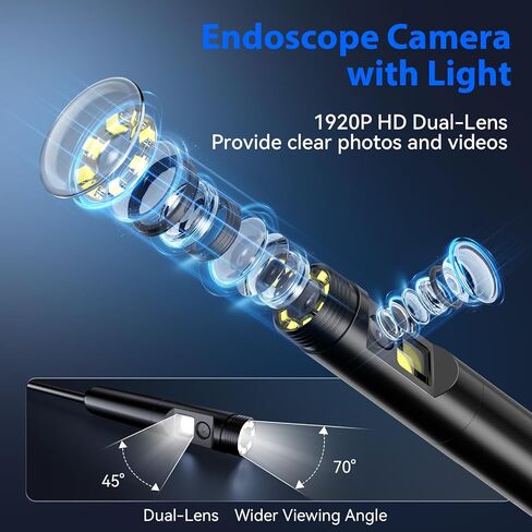 Endoscope Camera with Light, Dual-Lens 1920P HD Borescope Tools with 8+1 Adjustable LED Lights, 16.4FT Semi-Rigid Snake Cord IP67 Waterproof Inspection Camera for iPhone, iPad, iOS and Android Phone in Kuwait