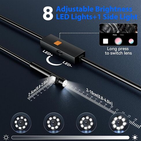 Endoscope Camera with Light, Dual-Lens 1920P HD Borescope Tools with 8+1 Adjustable LED Lights, 16.4FT Semi-Rigid Snake Cord IP67 Waterproof Inspection Camera for iPhone, iPad, iOS and Android Phone in Kuwait