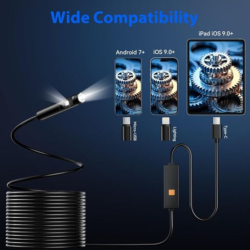 Endoscope Camera with Light, Dual-Lens 1920P HD Borescope Tools with 8+1 Adjustable LED Lights, 16.4FT Semi-Rigid Snake Cord IP67 Waterproof Inspection Camera for iPhone, iPad, iOS and Android Phone in Kuwait