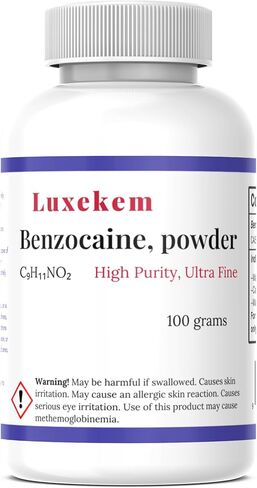 مسحوق بنزوكاين 100 جرام - مادة خام عالية النقاء في زجاجة ذات غطاء أمان آمن in Kuwait