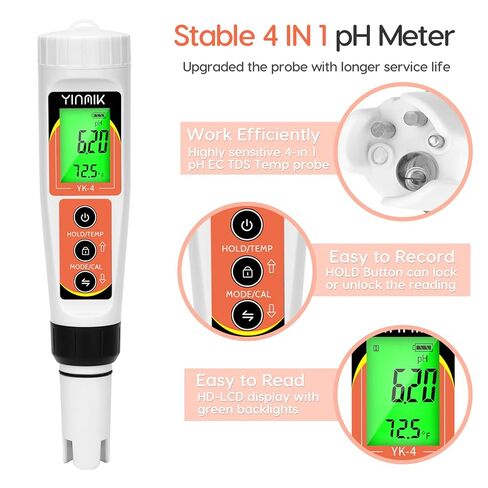 YINMIK PH Meter, Digital 4 in 1 PH EC TDS Temp Meter for Water Hydroponics, Waterproof DWC PH and EC PPM Water Tester with Backlit for Nutrients Growing, Indoor Garden, Home Brewing, Pool, Aquarium in Saudi Arabia