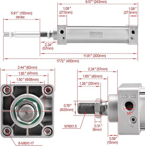 Heschen Pneumatic Standard Cylinder, SC 50-150, PT1/4'' Port, 50mm Bore, 150mm Stroke, Double Acting in Kuwait
