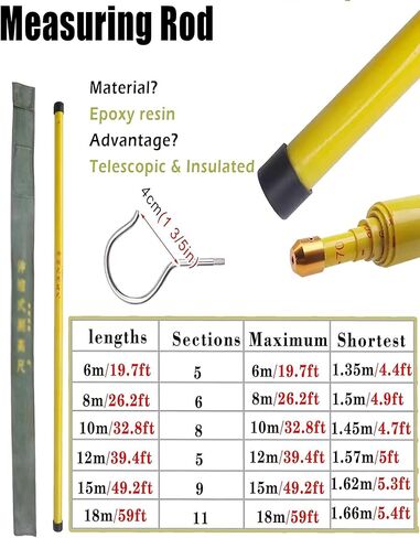 Lightweight Portable Height Measuring Rod for Electricians - Non-Conductive Epoxy Resin Stick (600cm/19.7ft) with Hook & Carry Bag for Power Line Measurement,600cm/19.7ft in Saudi Arabia