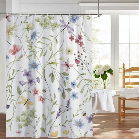 كرمة الفراشة يطبع ستارة دش خمر مع السنانير، الصيف للماء ستارة دش لطيف، قابل للغسل النسيج عطلة ستائر أنيقة للحمام لقضاء عطلة الحمام ديكو 72x72 في in Kuwait