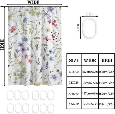 كرمة الفراشة يطبع ستارة دش خمر مع السنانير، الصيف للماء ستارة دش لطيف، قابل للغسل النسيج عطلة ستائر أنيقة للحمام لقضاء عطلة الحمام ديكو 72x72 في in Kuwait