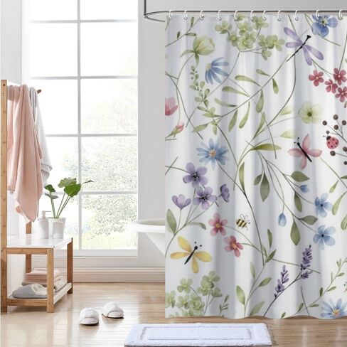 كرمة الفراشة يطبع ستارة دش خمر مع السنانير، الصيف للماء ستارة دش لطيف، قابل للغسل النسيج عطلة ستائر أنيقة للحمام لقضاء عطلة الحمام ديكو 72x72 في in Kuwait