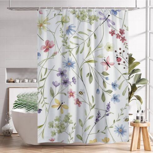 كرمة الفراشة يطبع ستارة دش خمر مع السنانير، الصيف للماء ستارة دش لطيف، قابل للغسل النسيج عطلة ستائر أنيقة للحمام لقضاء عطلة الحمام ديكو 72x72 في in Kuwait