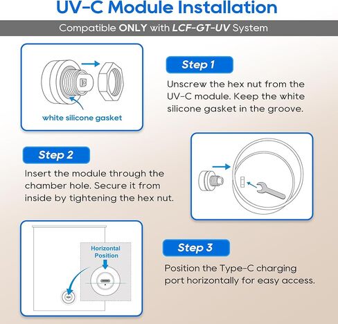 وحدة التعقيم بالأشعة فوق البنفسجية البديلة LCF لفلتر المياه الجاذبية - 275 نانومتر LED، 5 فولت USB-C، عمر 3 سنوات، متوافق مع نظام LCF-GT-UV فقط in Kuwait