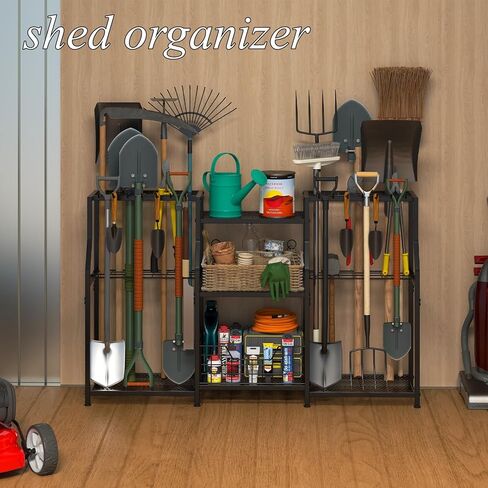 منظم أدوات الحديقة من keomaisyto، رف برج أدوات الفناء عالي التحمل لتنظيم المرآب وتخزينه، رف أدوات حديقة من 3 طبقات مع خطافات للحديقة/السقيفة/المرآب/الفناء/الطابق السفلي/الحديقة in Kuwait