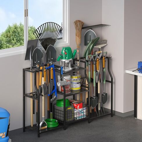 منظم أدوات الحديقة من keomaisyto، رف برج أدوات الفناء عالي التحمل لتنظيم المرآب وتخزينه، رف أدوات حديقة من 3 طبقات مع خطافات للحديقة/السقيفة/المرآب/الفناء/الطابق السفلي/الحديقة in Kuwait
