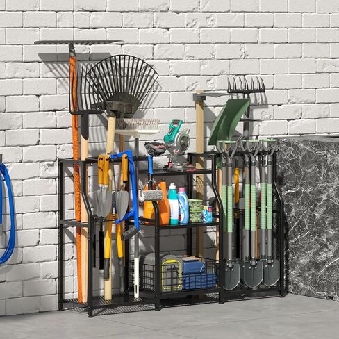 منظم أدوات الحديقة من keomaisyto، رف برج أدوات الفناء عالي التحمل لتنظيم المرآب وتخزينه، رف أدوات حديقة من 3 طبقات مع خطافات للحديقة/السقيفة/المرآب/الفناء/الطابق السفلي/الحديقة in Kuwait