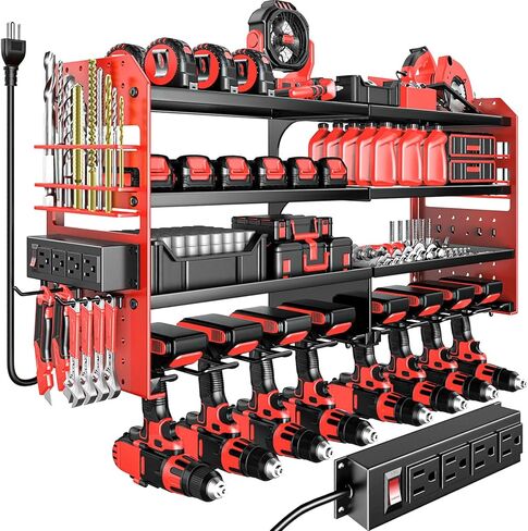 Large Power Tool Organizer Wall Mount with Charging Station, 4 Layer Heavy Duty Metal Cordless Tool Organizer, Tool Storage Rack with 8 Cordless Drill Holder Screwdriver Hammer(Red) in Saudi Arabia