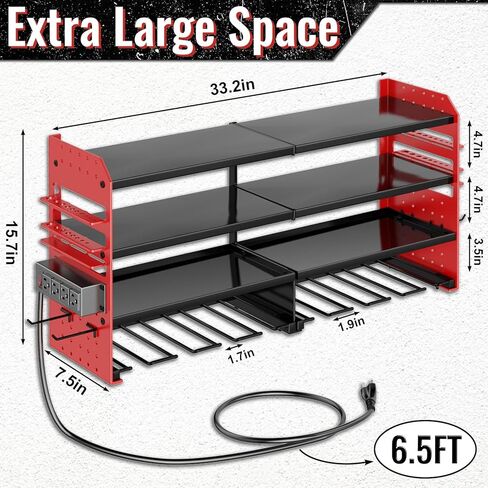 Large Power Tool Organizer Wall Mount with Charging Station, 4 Layer Heavy Duty Metal Cordless Tool Organizer, Tool Storage Rack with 8 Cordless Drill Holder Screwdriver Hammer(Red) in Saudi Arabia