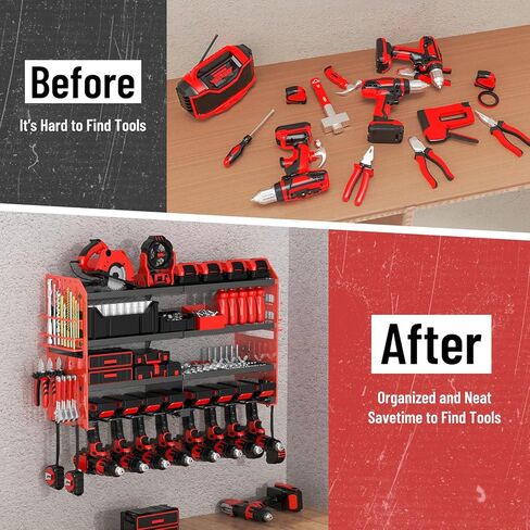 Large Power Tool Organizer Wall Mount with Charging Station, 4 Layer Heavy Duty Metal Cordless Tool Organizer, Tool Storage Rack with 8 Cordless Drill Holder Screwdriver Hammer(Red) in Saudi Arabia