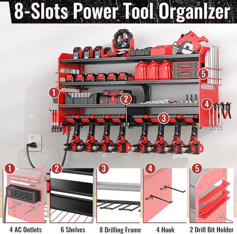 Large Power Tool Organizer Wall Mount with Charging Station, 4 Layer Heavy Duty Metal Cordless Tool Organizer, Tool Storage Rack with 8 Cordless Drill Holder Screwdriver Hammer(Red) in Saudi Arabia
